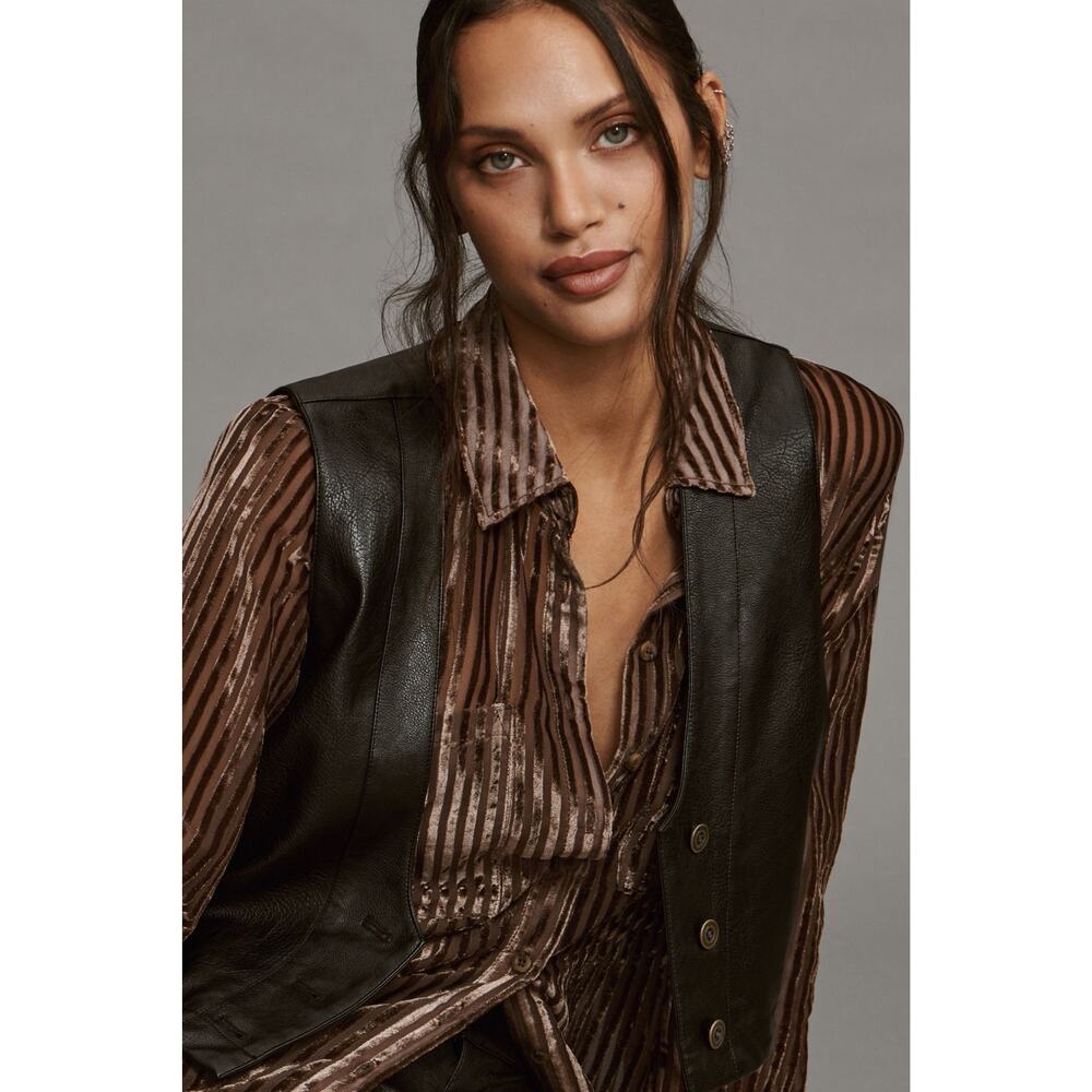 Pilcro Anthropologie Sheer Velvet Burnout Blouse Small Brown Button Up Shirt - Picture 12 of 13